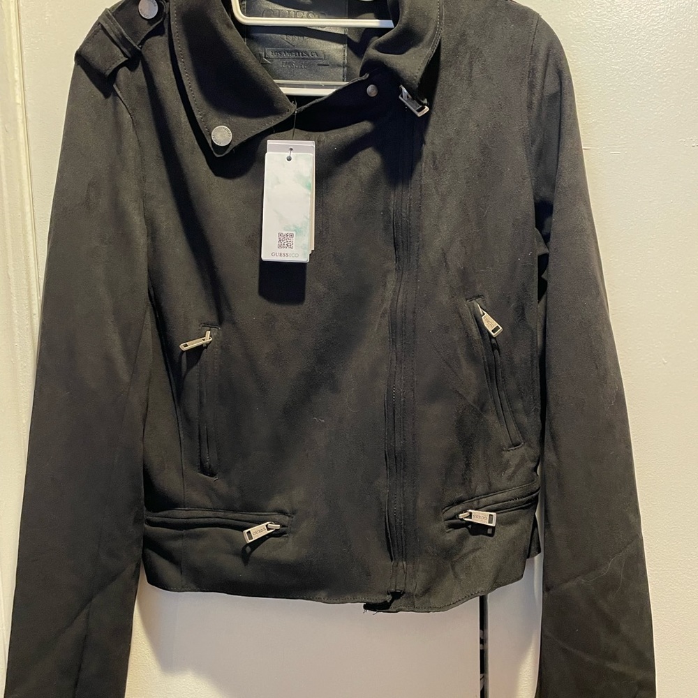 Guess Monica Faux Suede Moto Jacket. Notched lapels and epaulettes on shoulder.